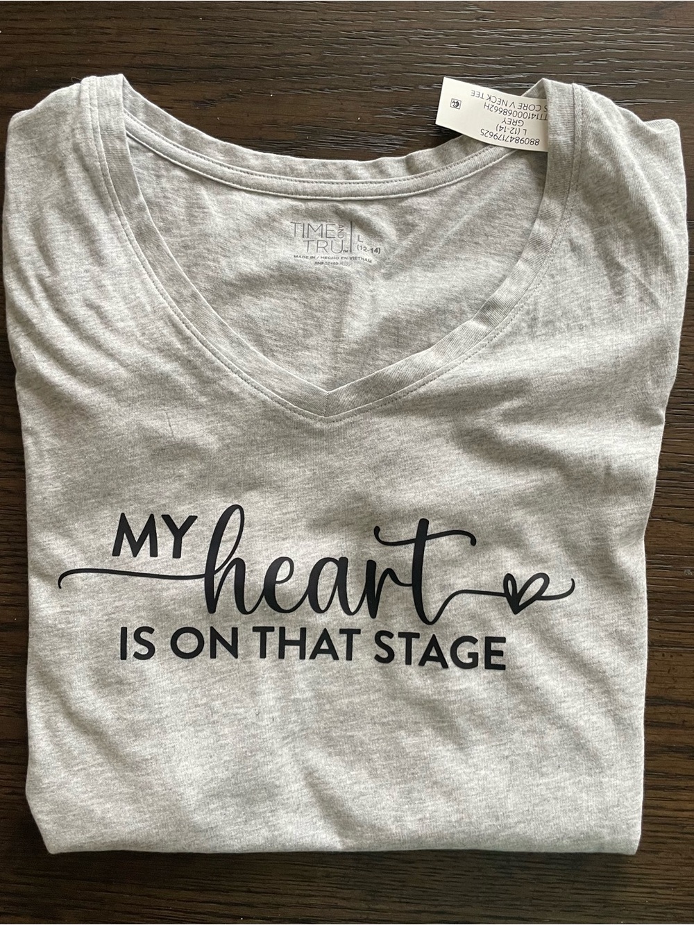 Time and Tru Gray "My Heart Is On That Stage" V‑Neck Tee